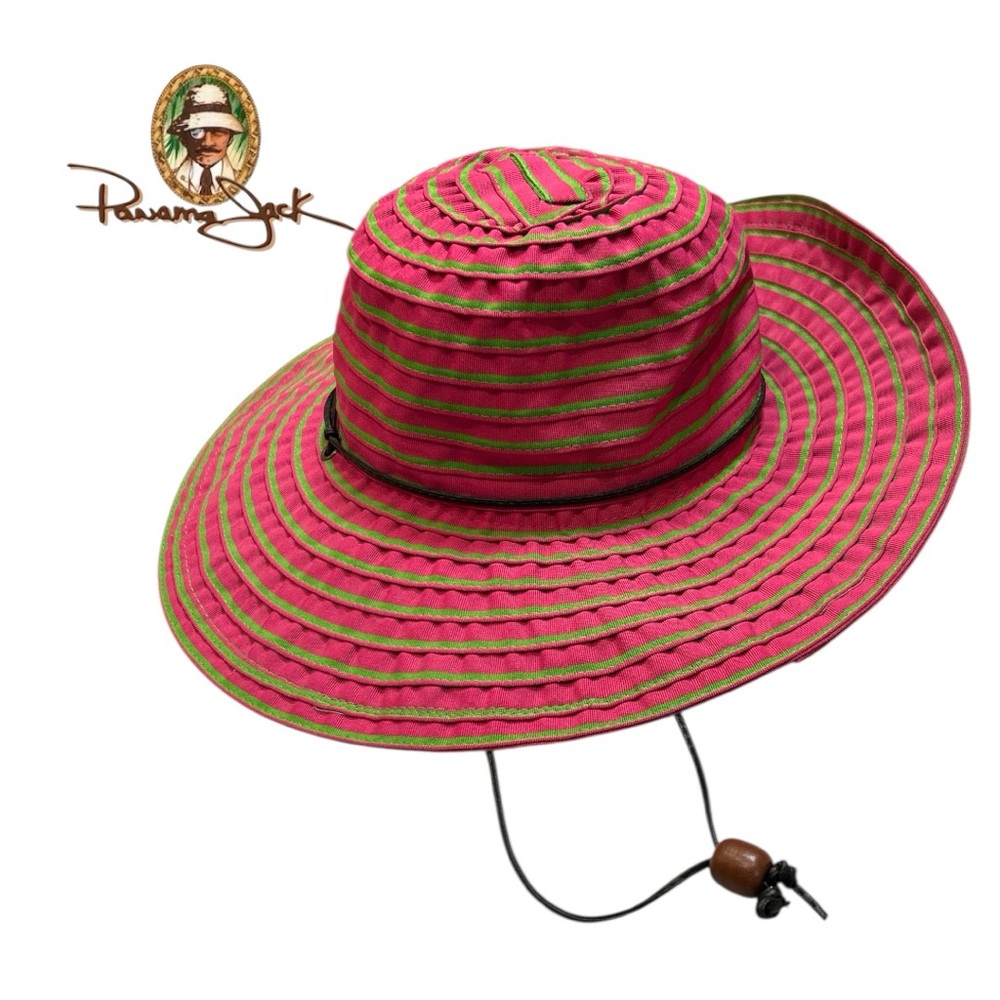 Panama Jack Pink and Neon Green‎ Sriped Wide Brim Hat - Size OS